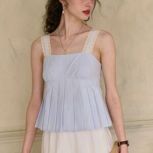 Simple Retro Kora Blue Pleated Cotton Cami Lace Strap Top Coquette Medium NWT